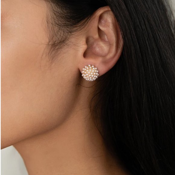 NEW - 14K Gold Pearl Pave Stud Earrings - Picture 1 of 11